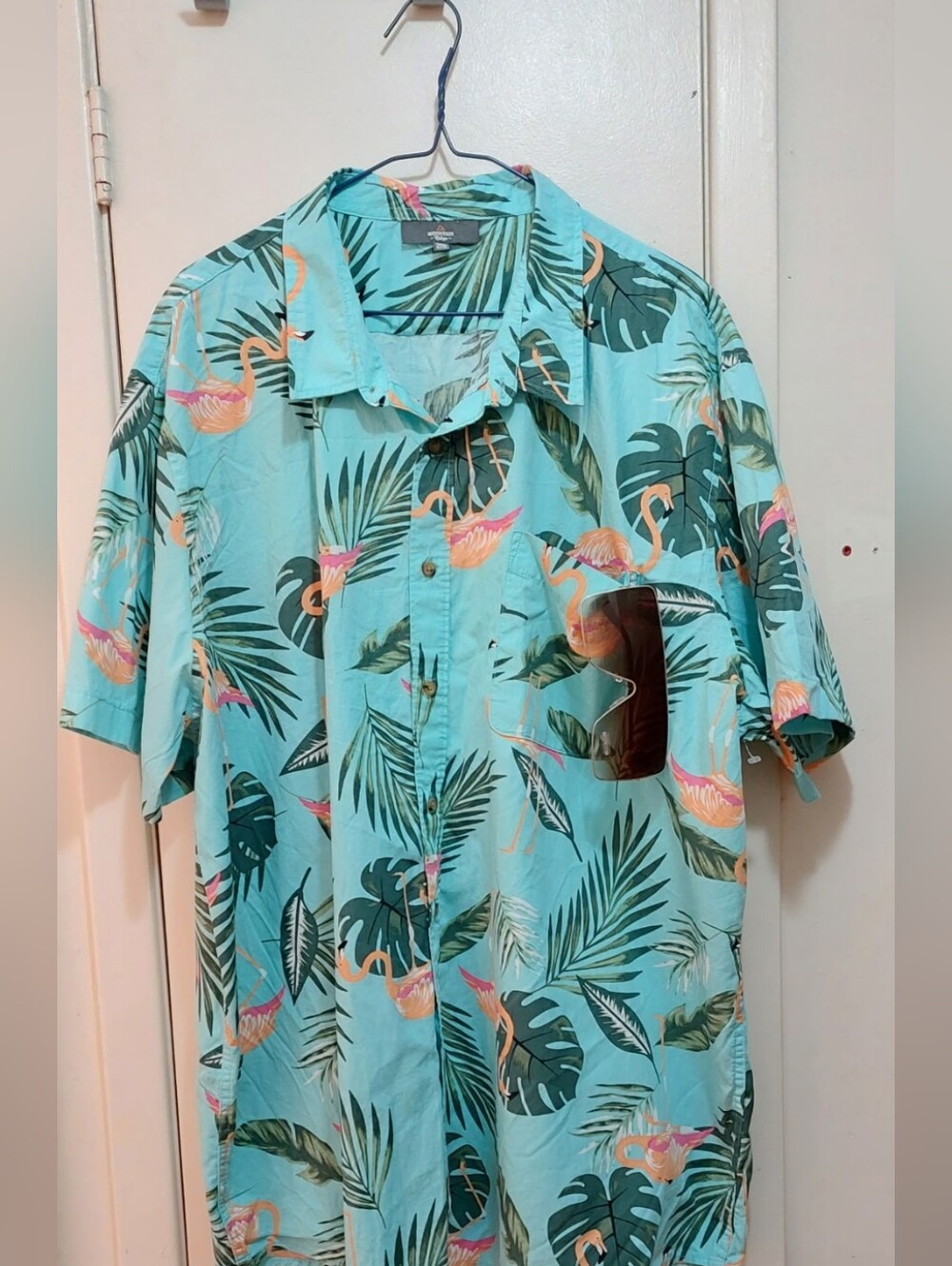 Men's Aqua Hawaiian Tropical Flamingo Short Sleeve Shirt